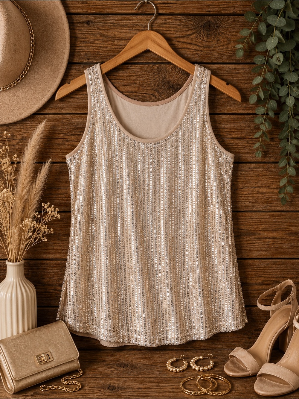 XL Champagne Sequin Tank Top | Western Glam Party Top